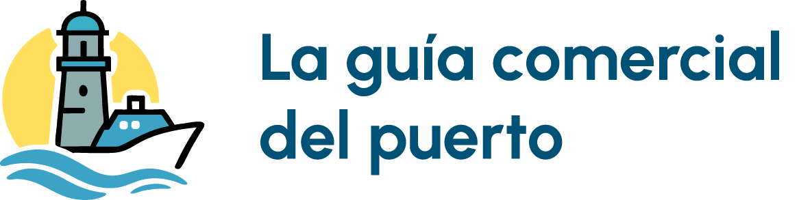 Logotipo con un faro, un barco y un sol junto al texto laguíacomercial del puerto